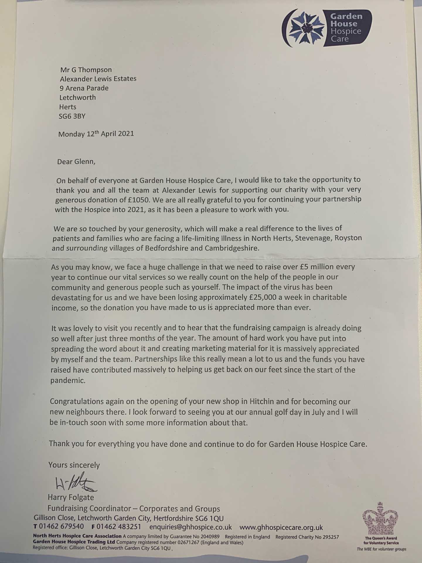 Another letter from the Garden House Hospice