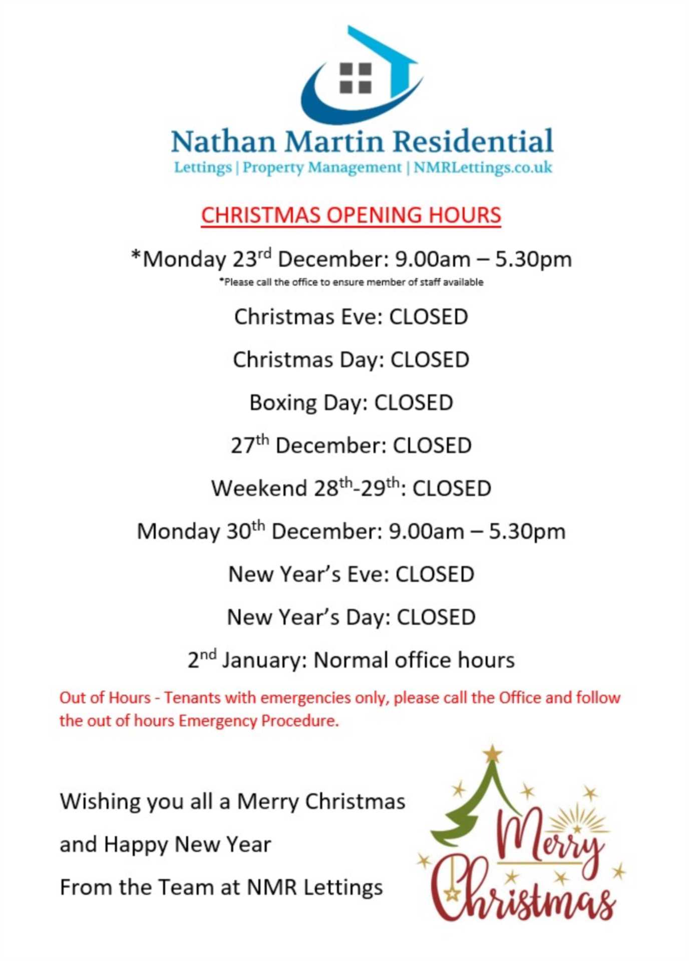 Christmas and new year opening hours