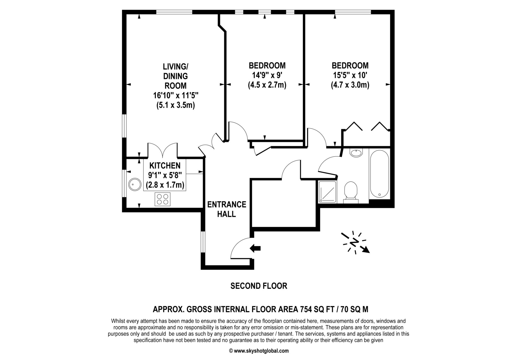 Floorplan - 2 Bedroom Apartment, Calverley Court – Ewell