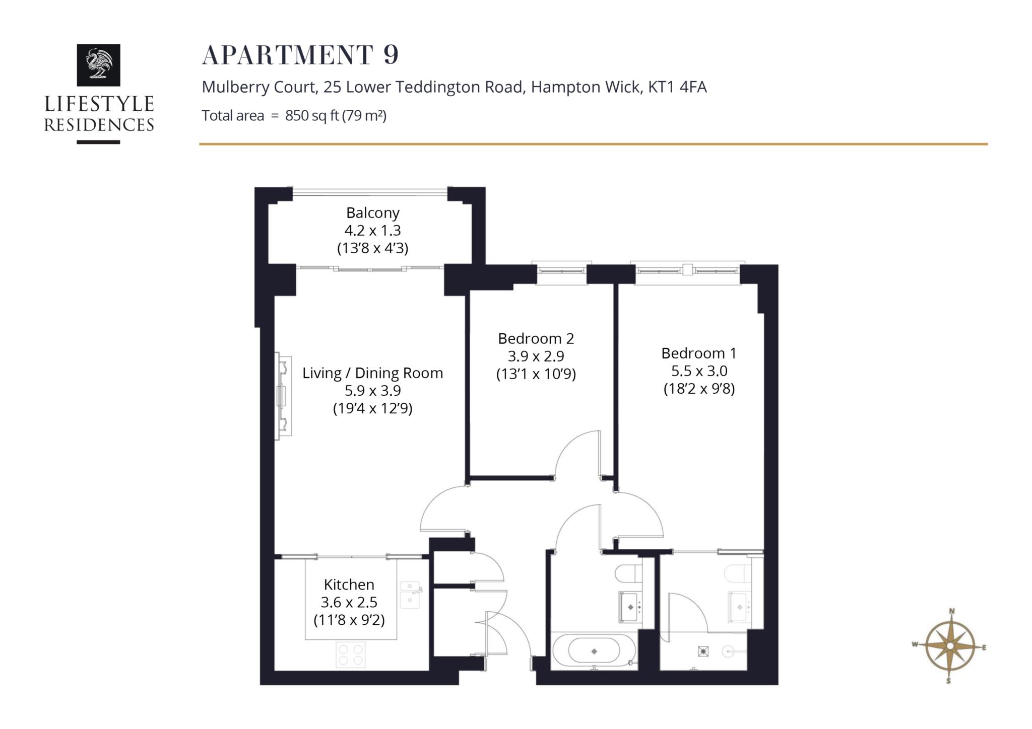 Floorplan - 2 Bedroom Apartment, Mulberry Court – Hampton Wick