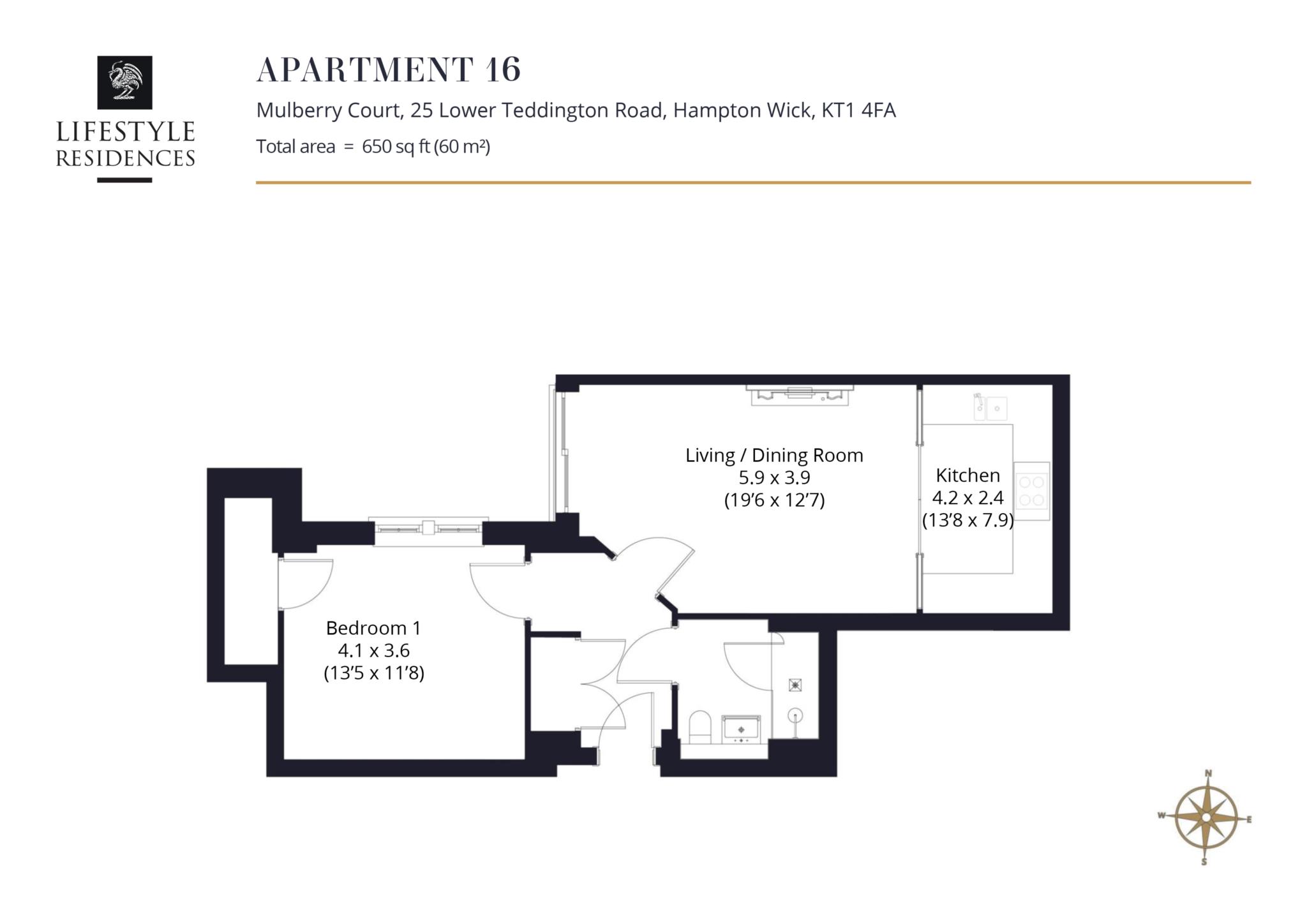 Floorplan - 1 Bedroom Apartment, Mulberry Court – Hampton Wick