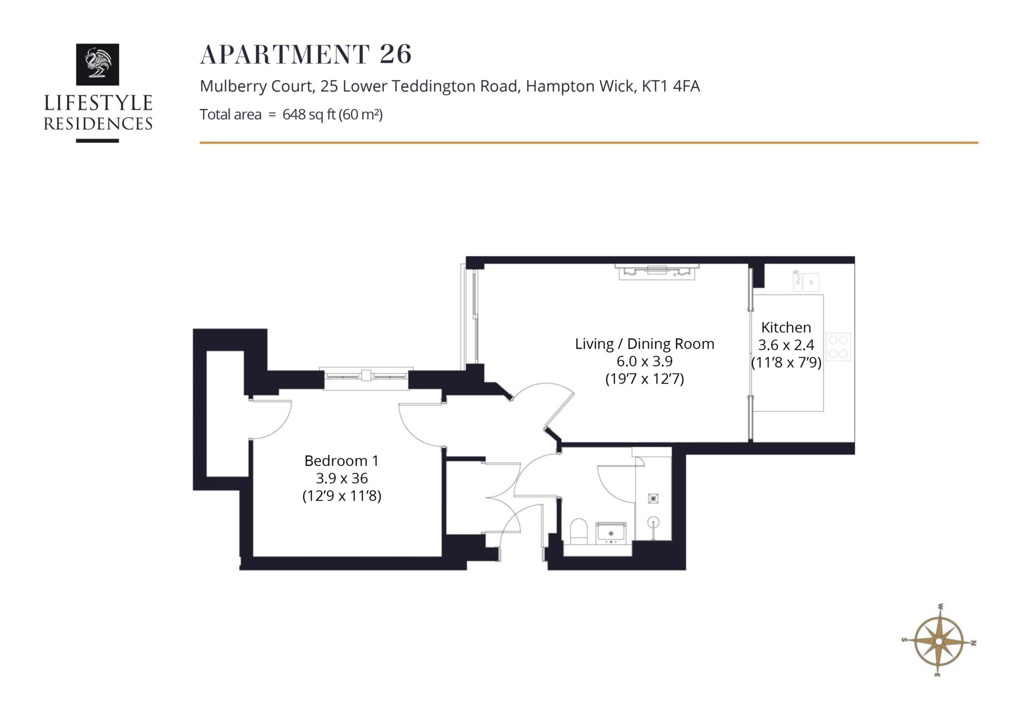 Floorplan - 1 Bedroom Apartment, Mulberry Court – Hampton Wick