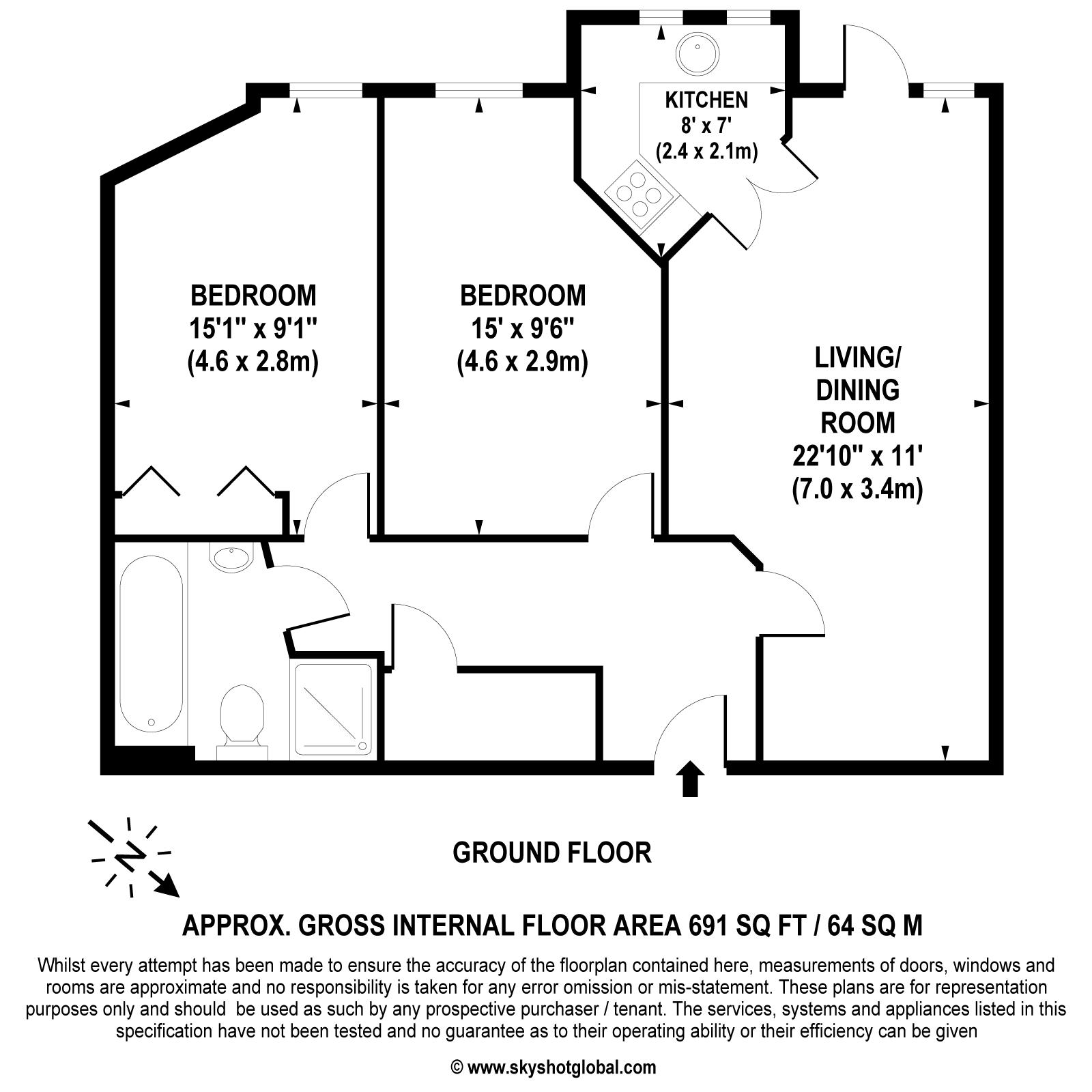 Floorplan - 2 Bedroom Apartment, Calverley Court – Ewell