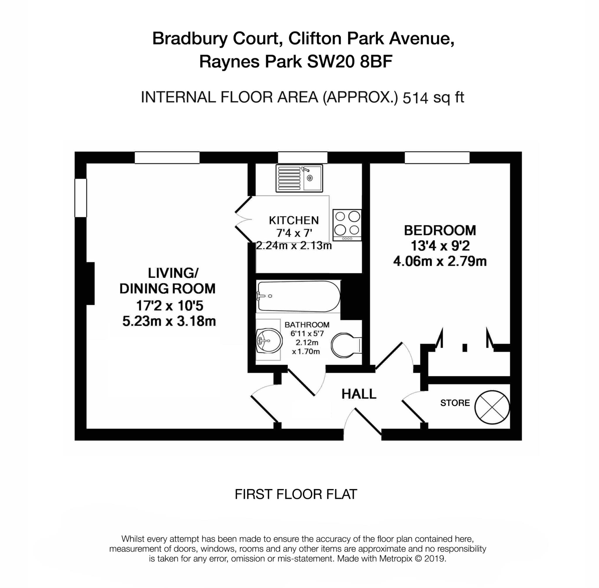Floorplan - 1 Bedroom Apartment, Bradbury Court – Raynes Park