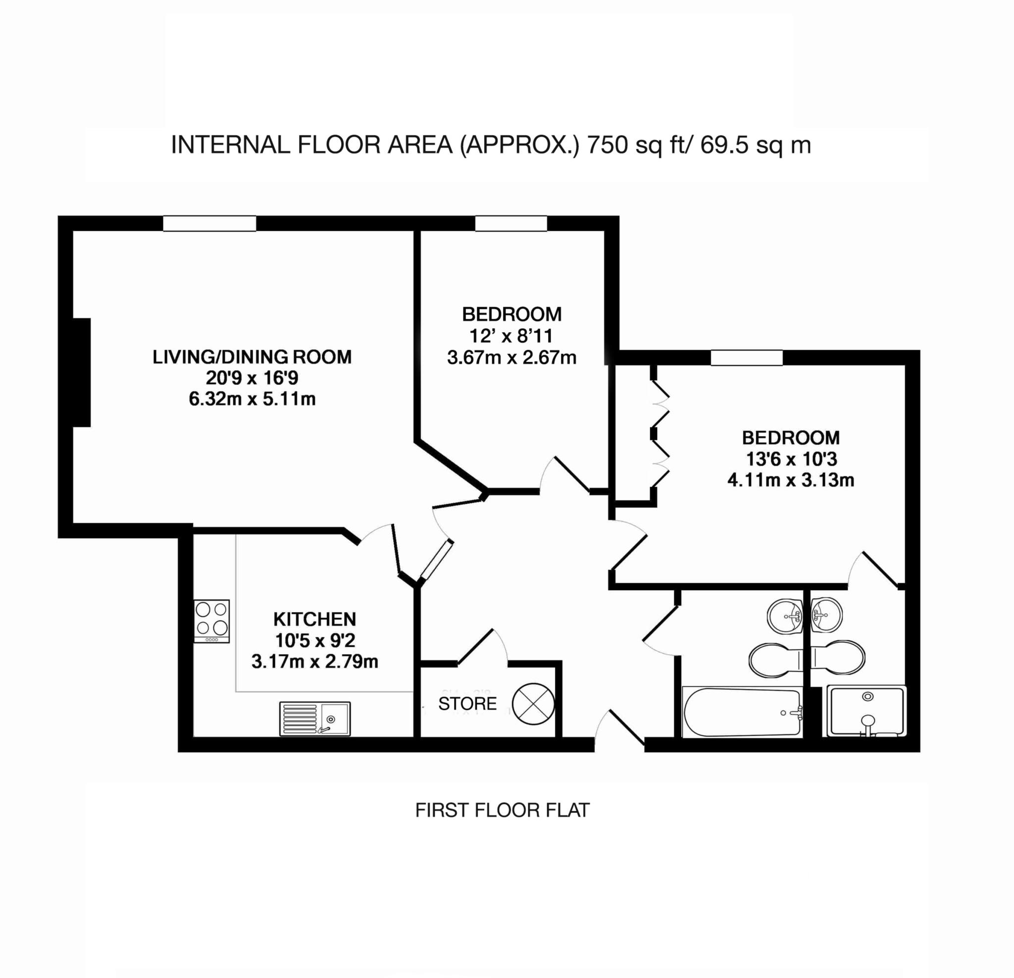 Floorplan - 2 Bedroom Apartment, Hinchley Manor – Hinchley Wood