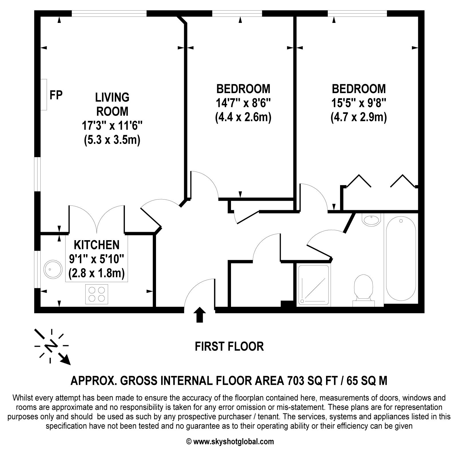 Floorplan - 2 Bedroom Apartment, Calverley Court – Ewell