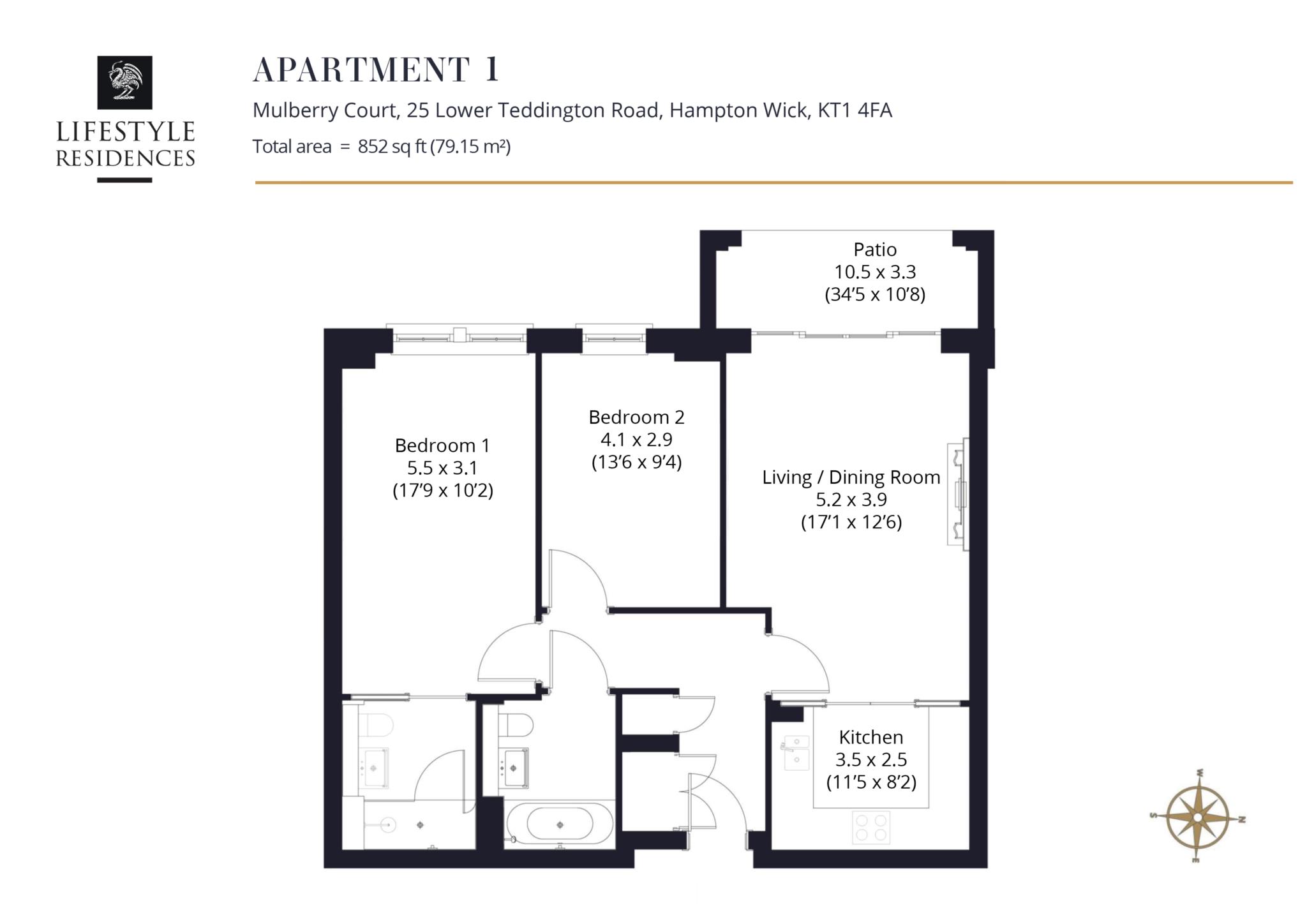 Floorplan - 2 Bedroom Apartment, Mulberry Court – Hampton Wick