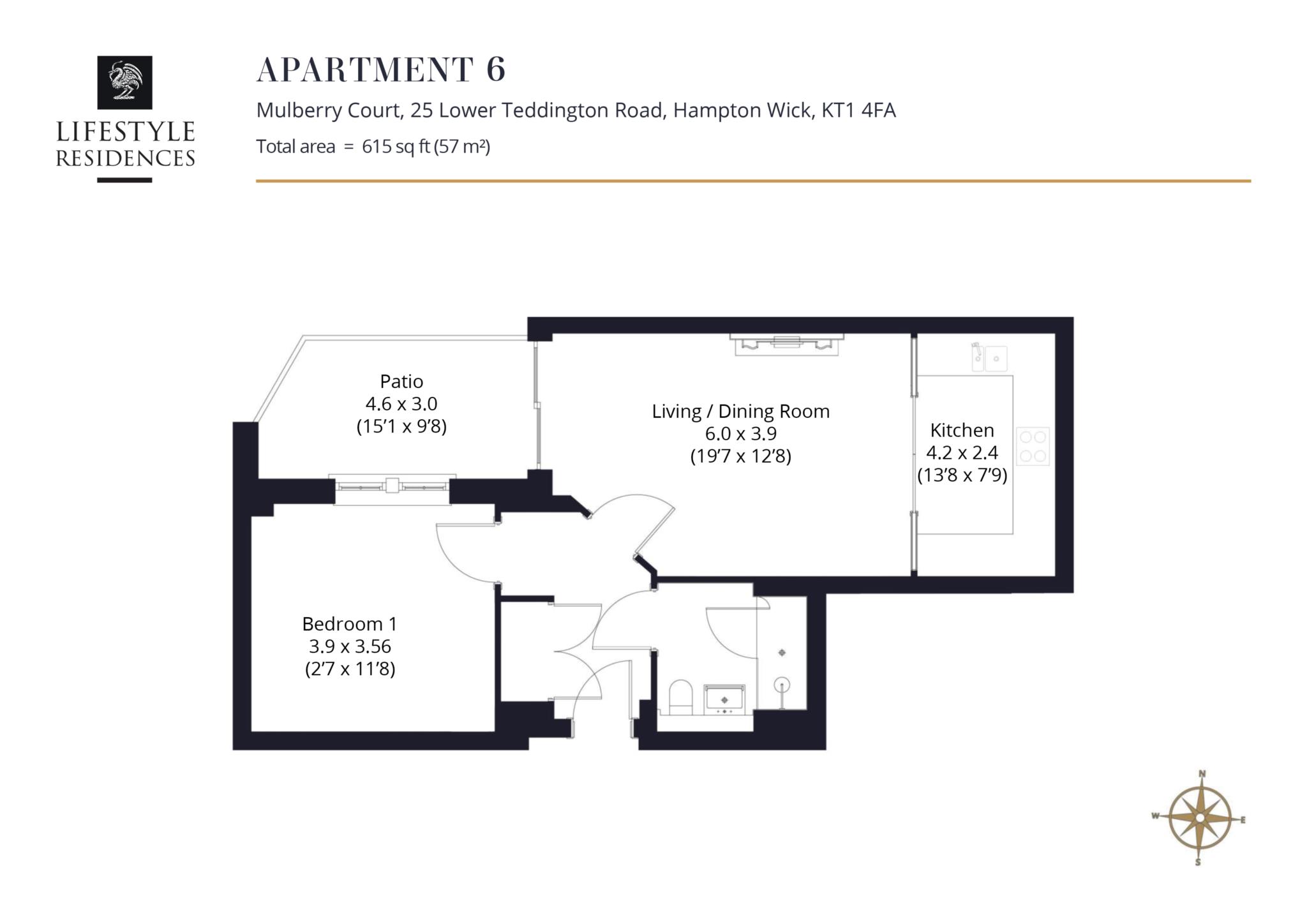 Floorplan - 1 Bedroom Apartment, Mulberry Court – Hampton Wick