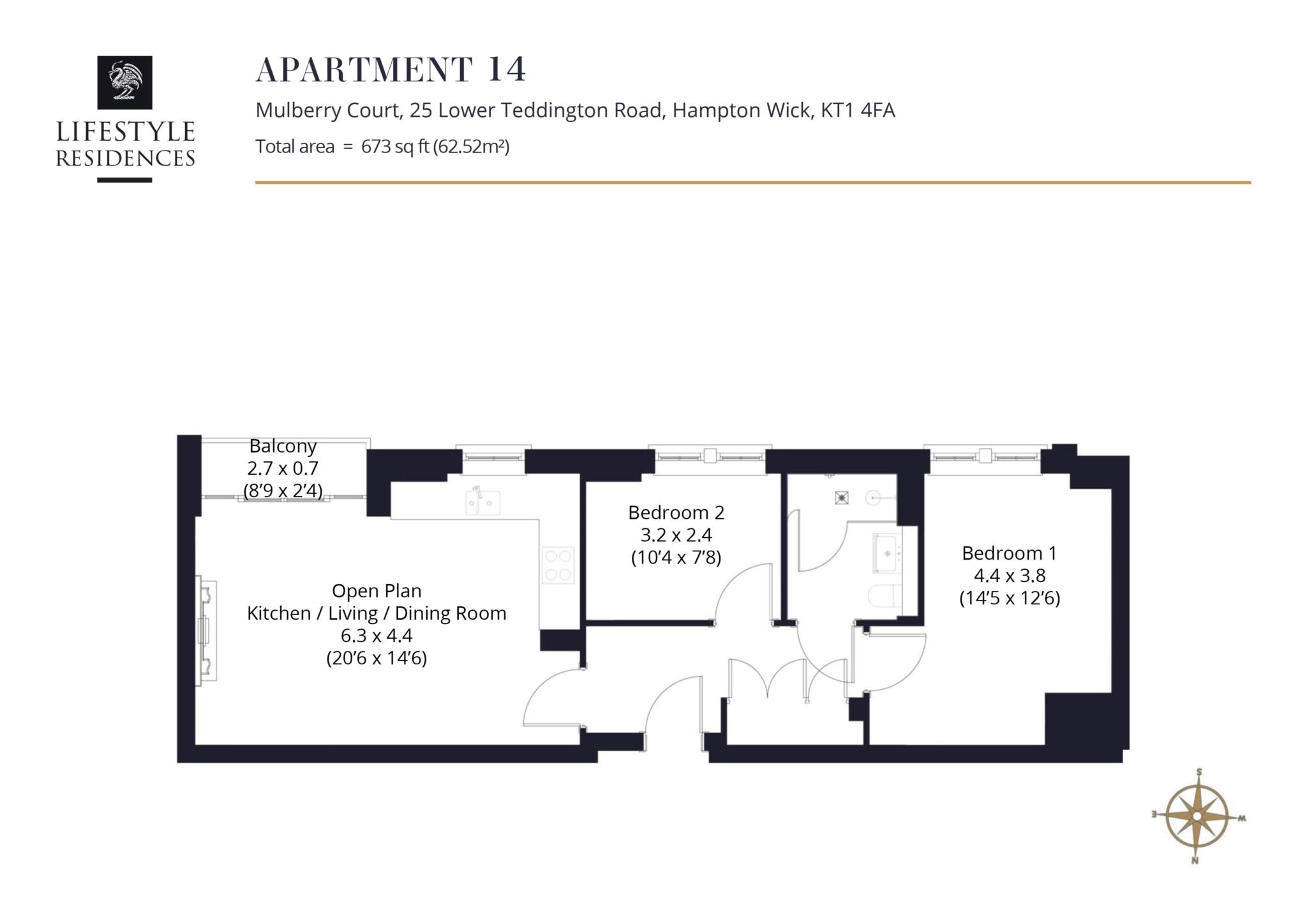 Floorplan - 2 Bedroom Apartment, Mulberry Court – Hampton Wick