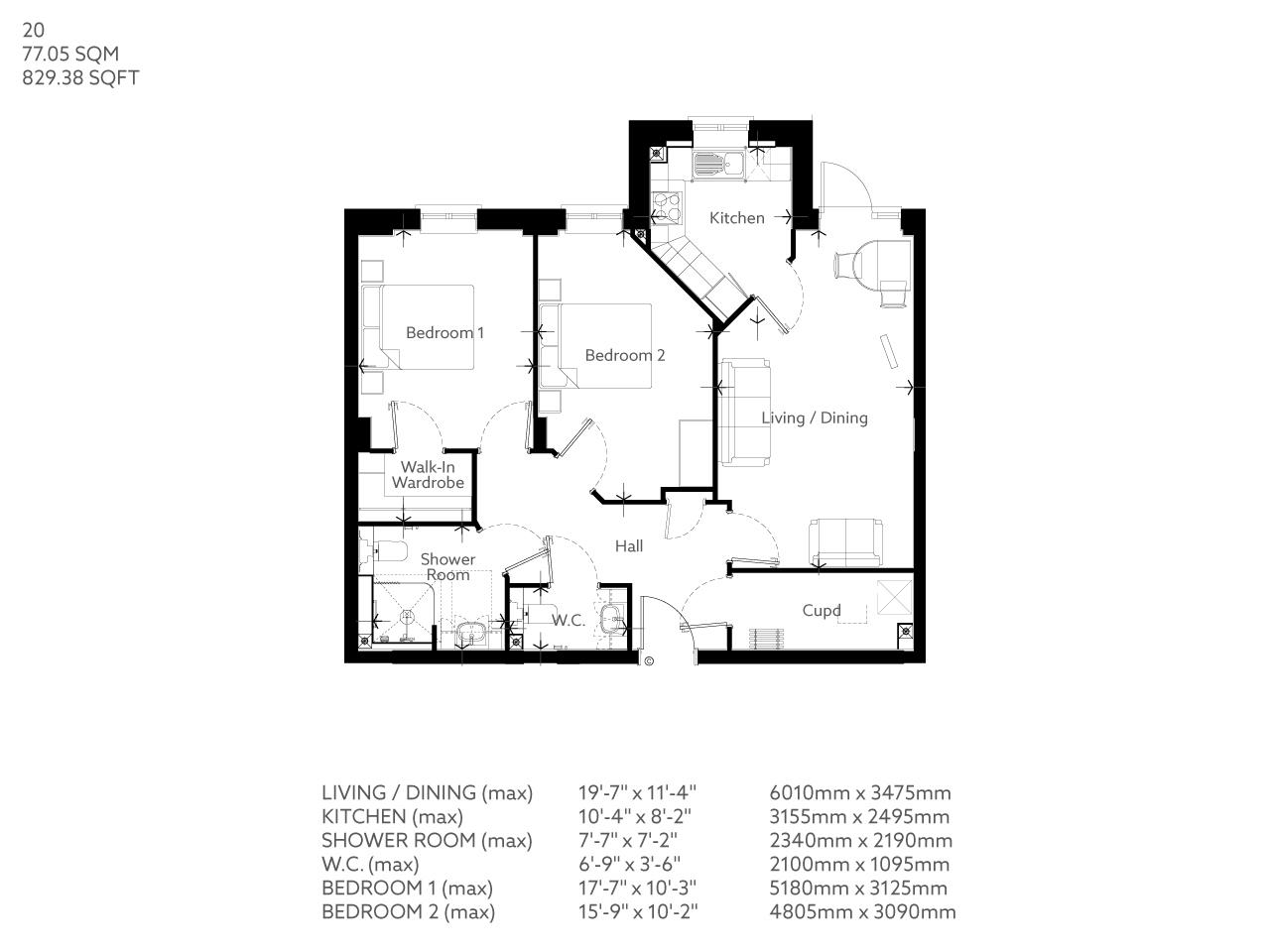 Floorplan - 2 Bedroom Apartment, Campbell House – Weybridge
