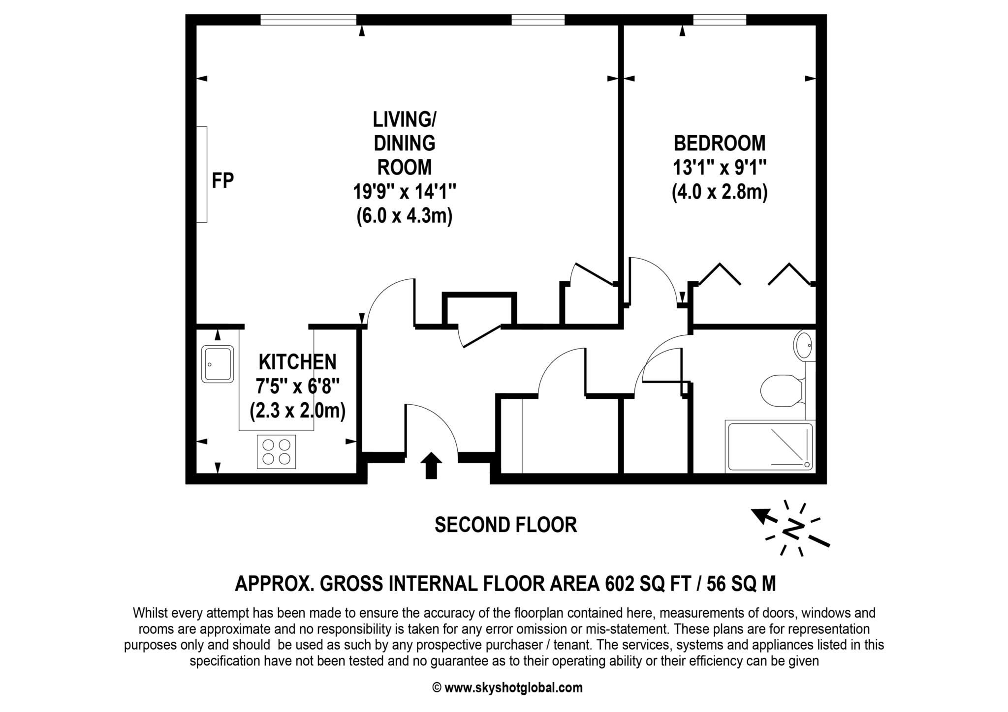 Floorplan - 1 Bedroom Apartment, Worcester Court – Worcester Park