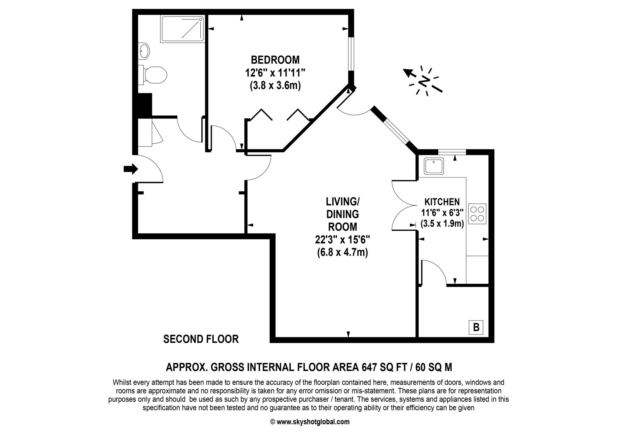 Floorplan - 1 Bedroom Apartment, Calverley Court – Ewell