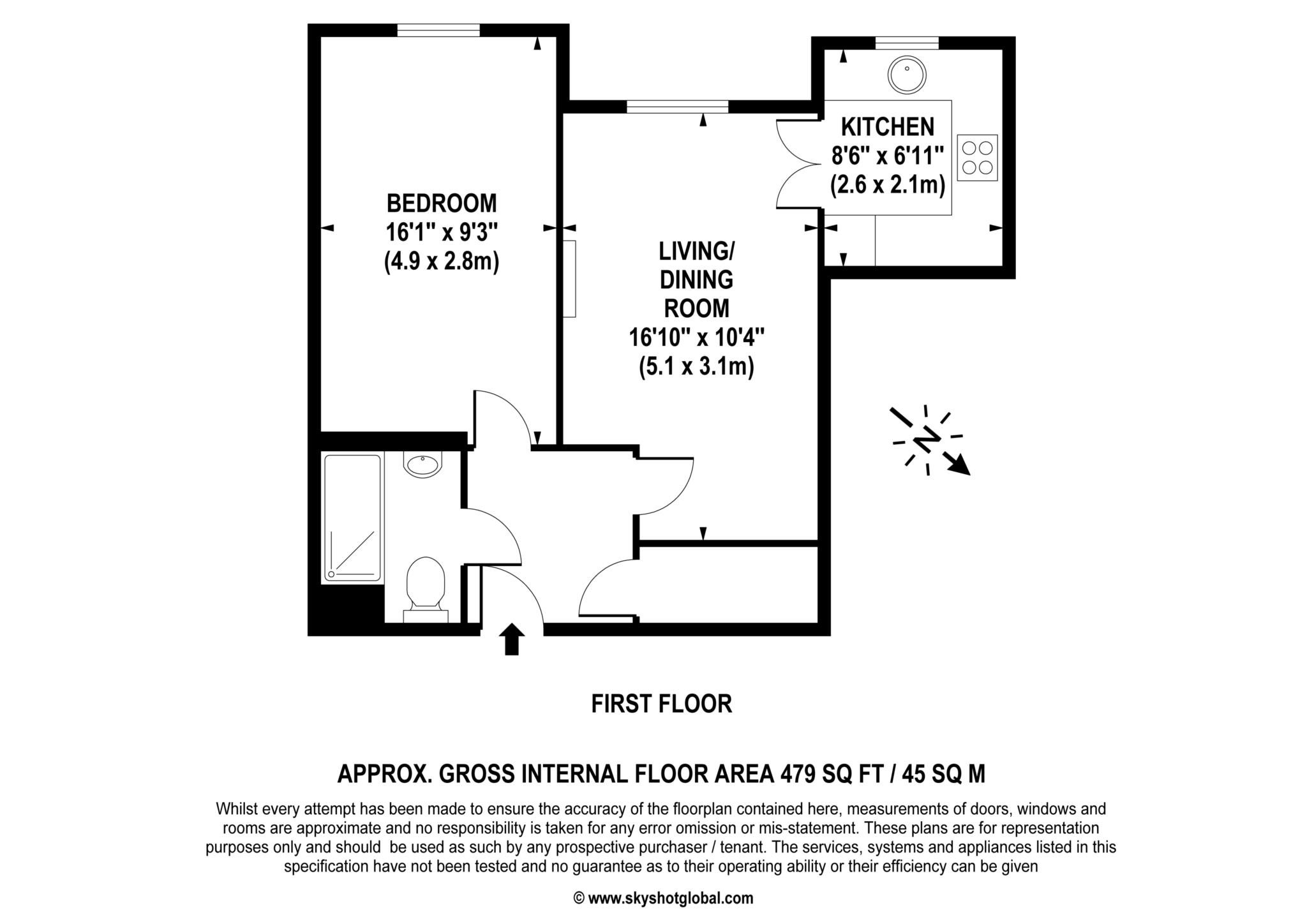 Floorplan - 1 Bedroom Apartment, Kingfisher Court – Surbiton