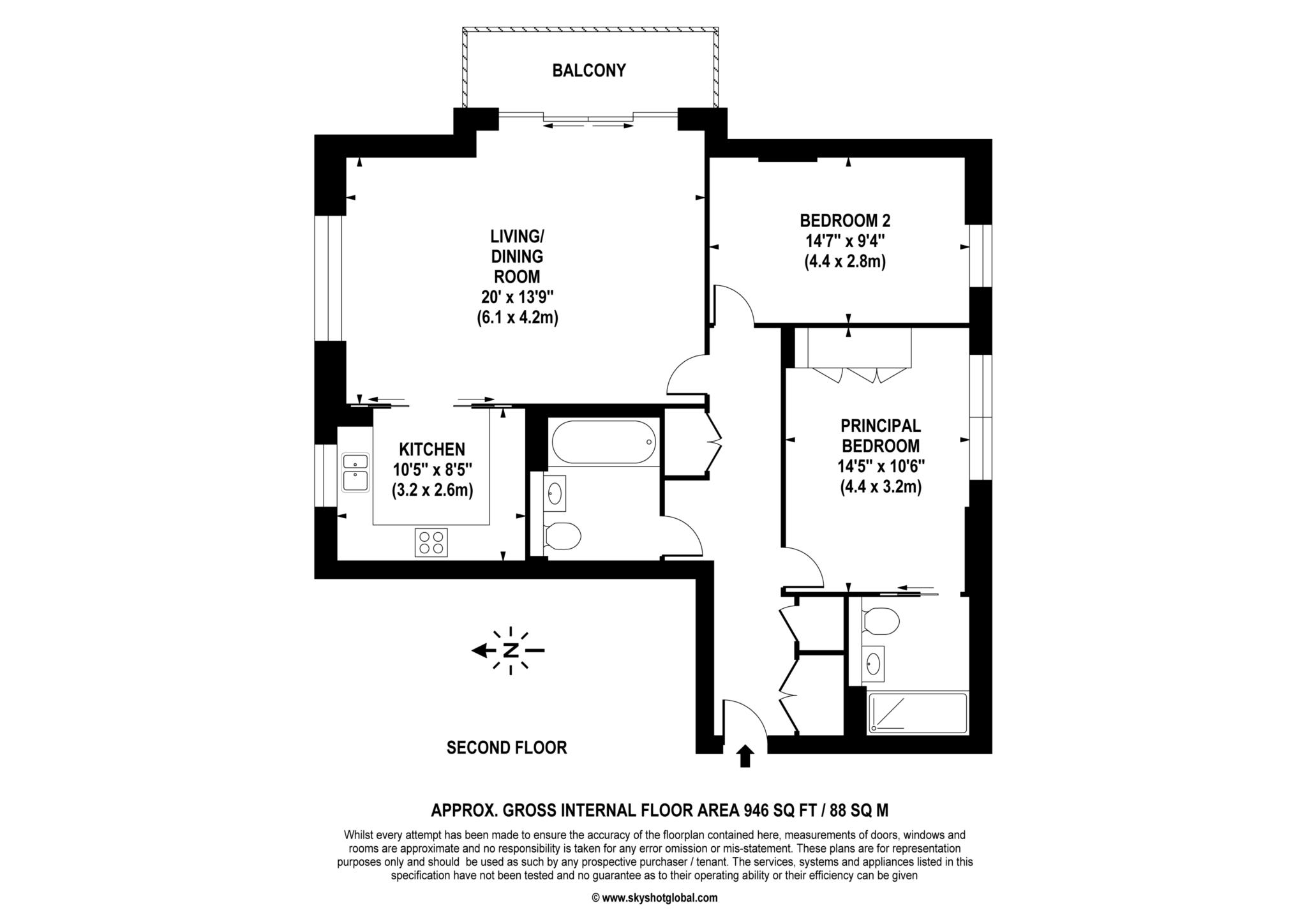 Floorplan - 2 Bedroom Apartment, Mulberry Court – Hampton Wick