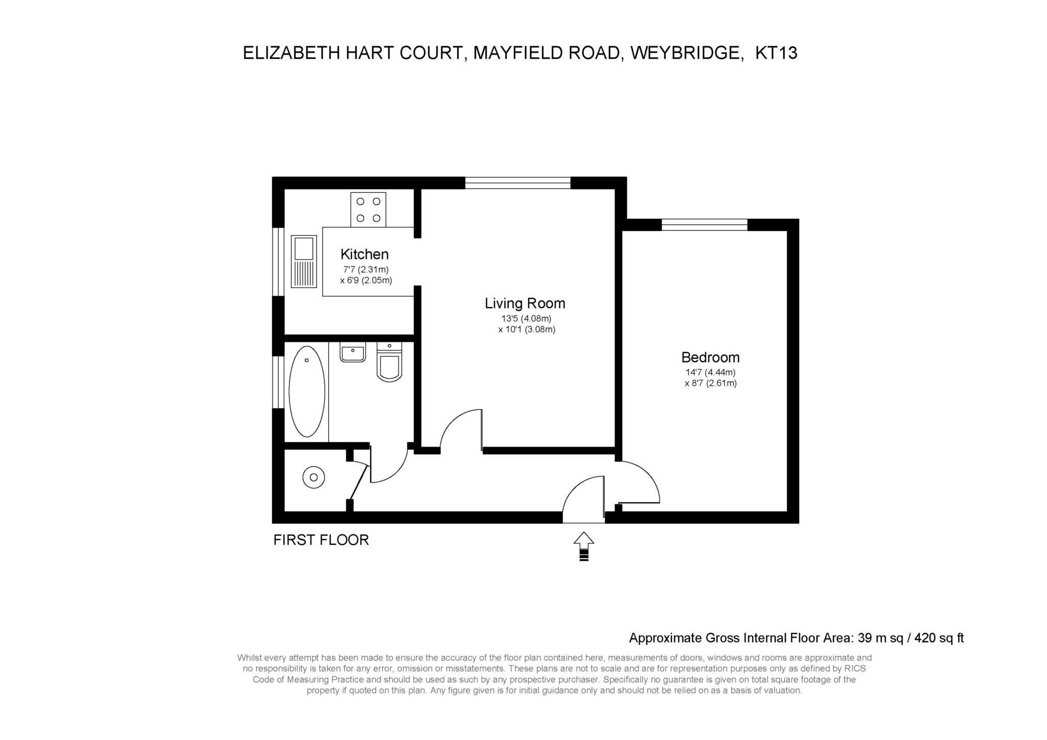 Floorplan - 1 Bedroom Apartment, Elizabeth Hart Court – Weybridge