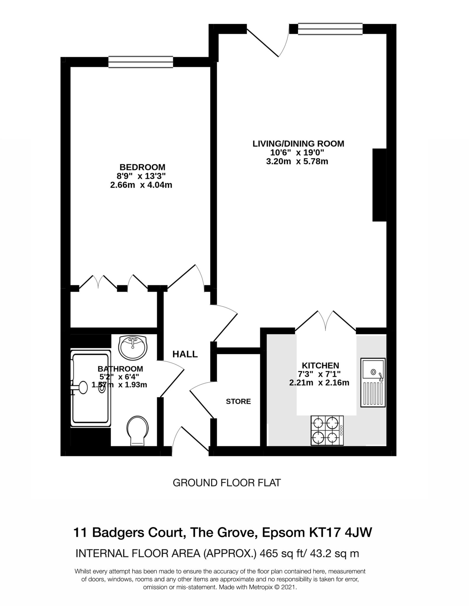 Floorplan - 1 Bedroom Apartment, Badgers Court – Epsom