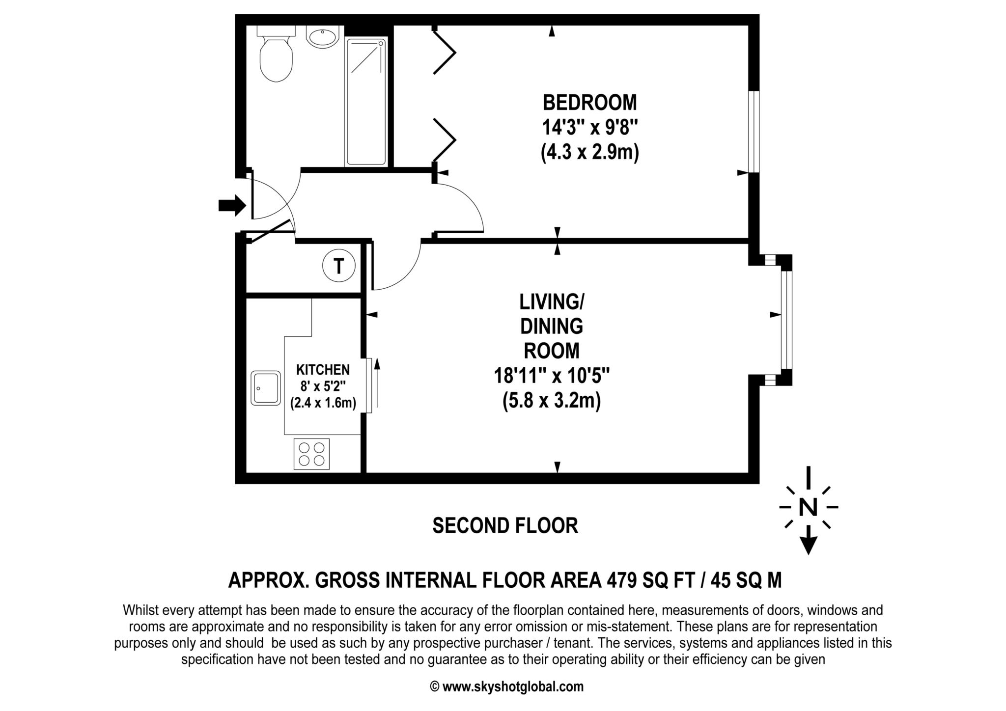 Floorplan - 1 Bedroom Apartment, Cedar Court – Addlestone
