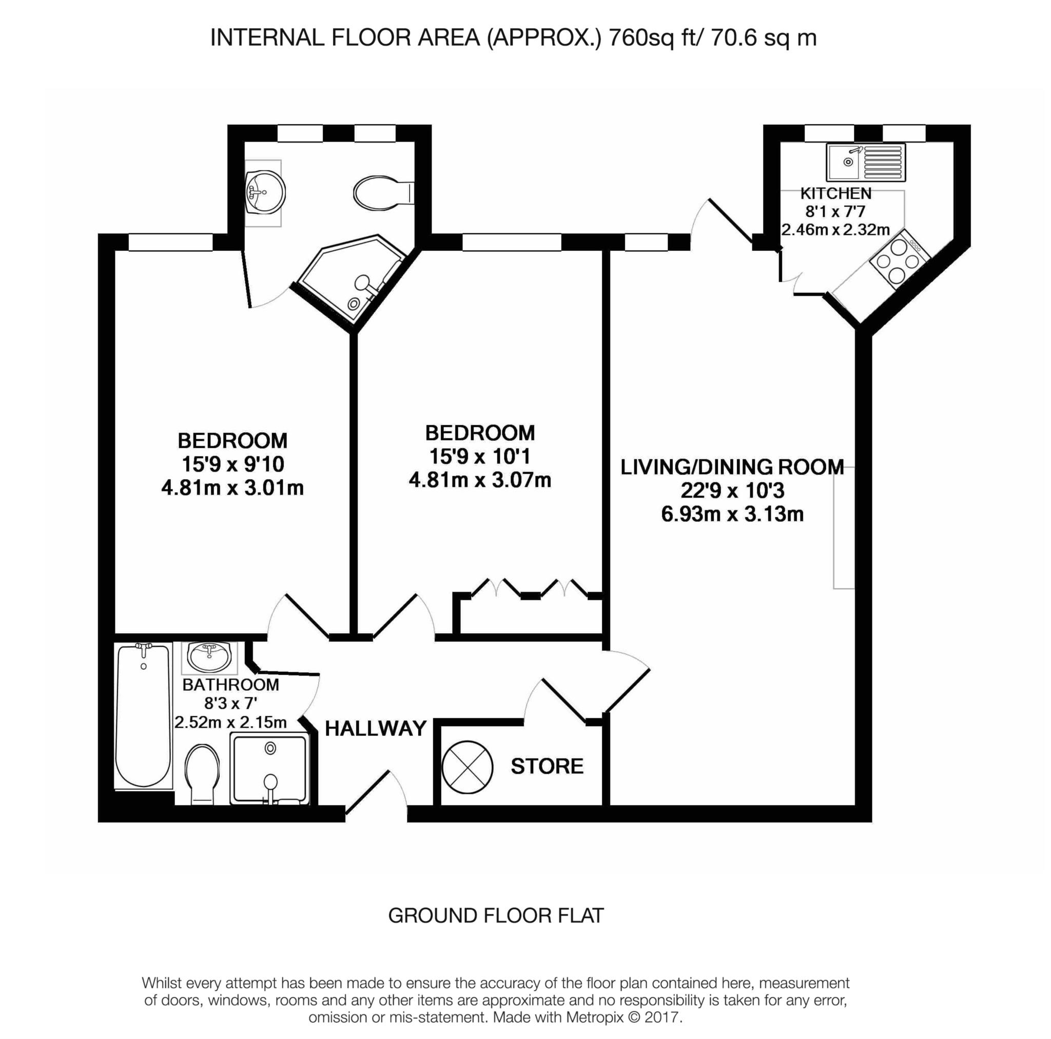 Floorplan - 2 Bedroom Apartment, Calverley Court – Ewell