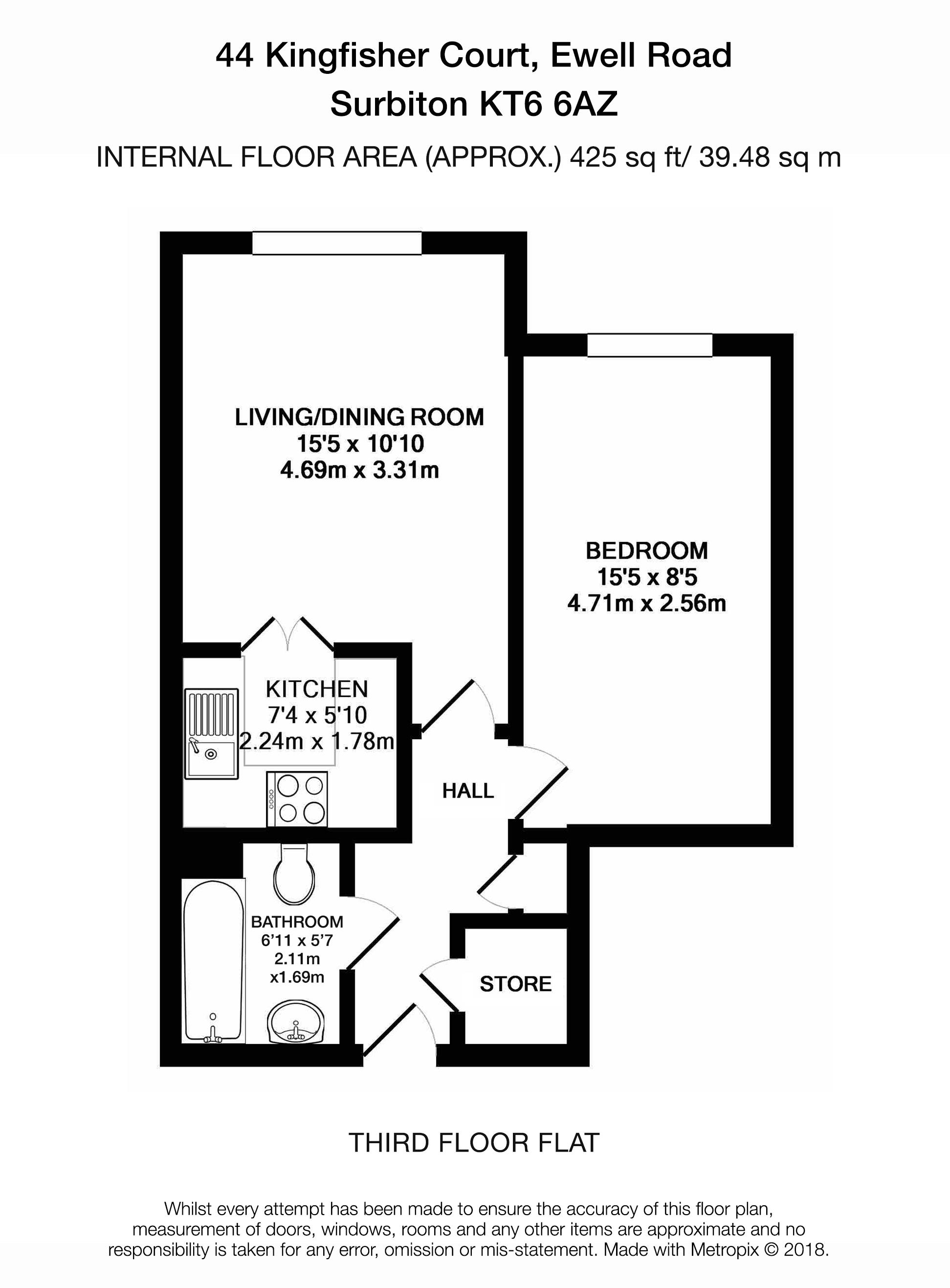 Floorplan - 1 Bedroom Apartment, Kingfisher Court – Surbiton