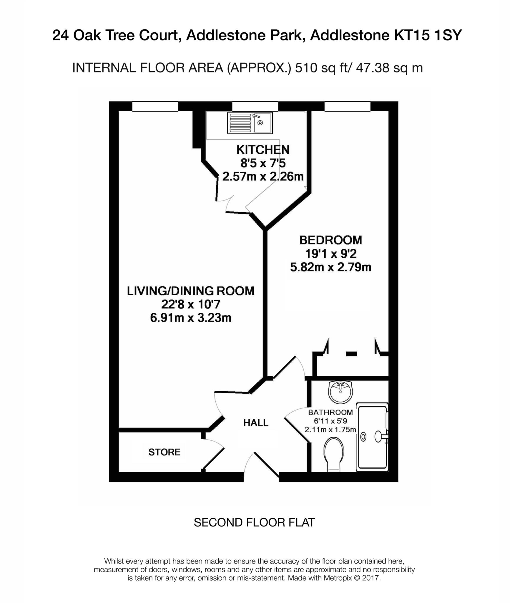 Floorplan - 1 Bedroom Apartment, Oaktree Court – Addlestone