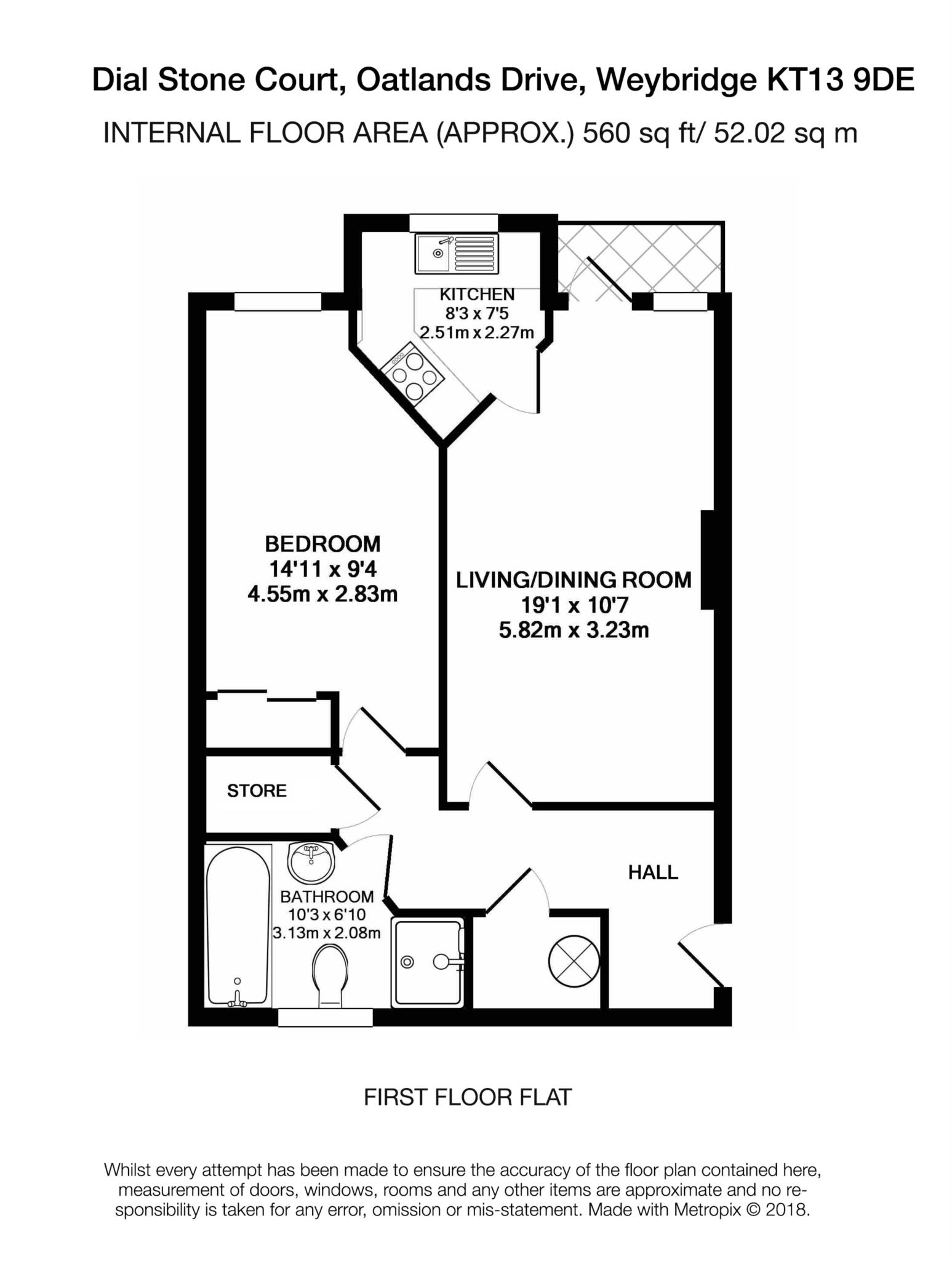 Floorplan - 1 Bedroom Apartment, Dial Stone Court – Weybridge