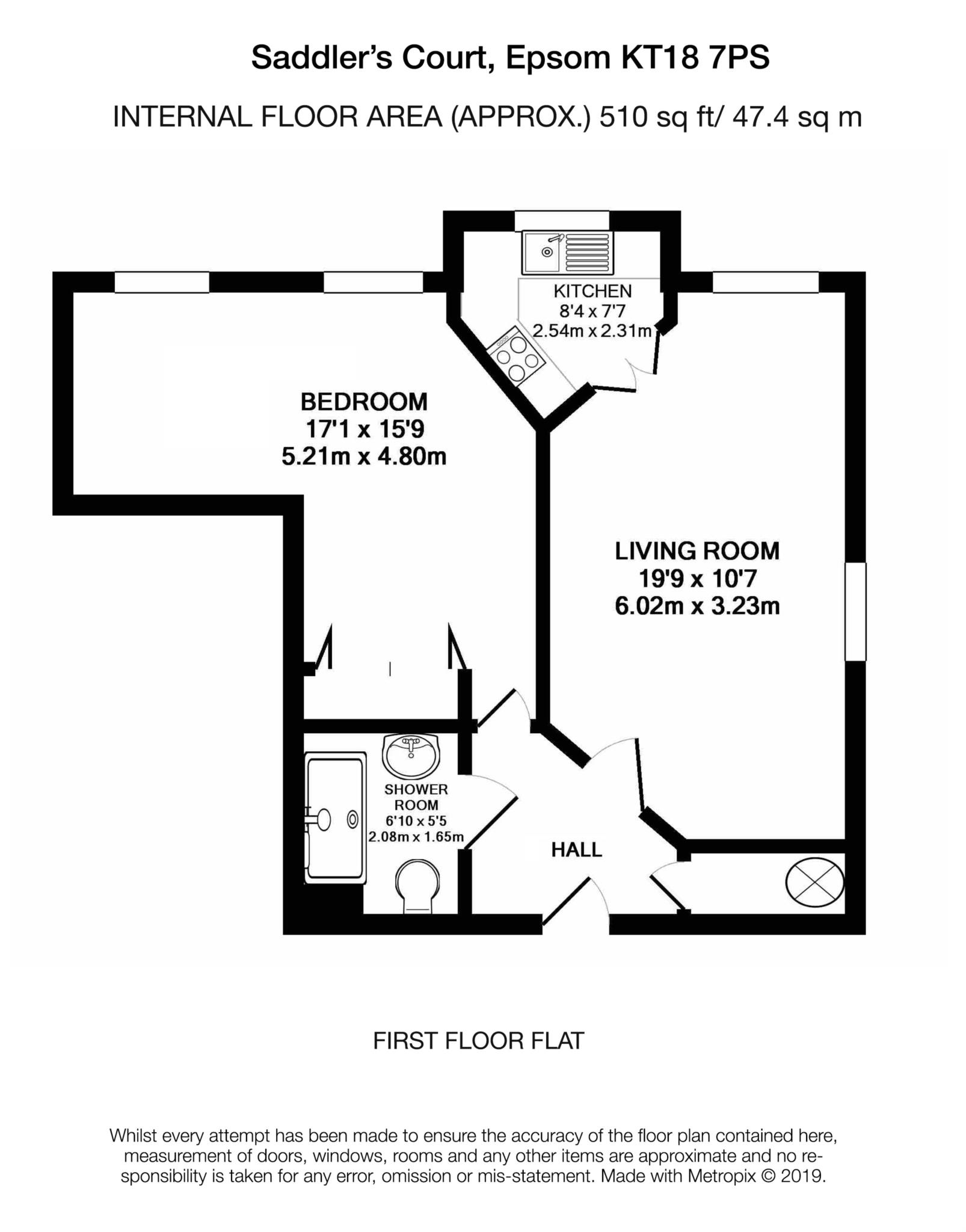 Floorplan - 1 Bedroom Apartment, Saddlers Court – Epsom