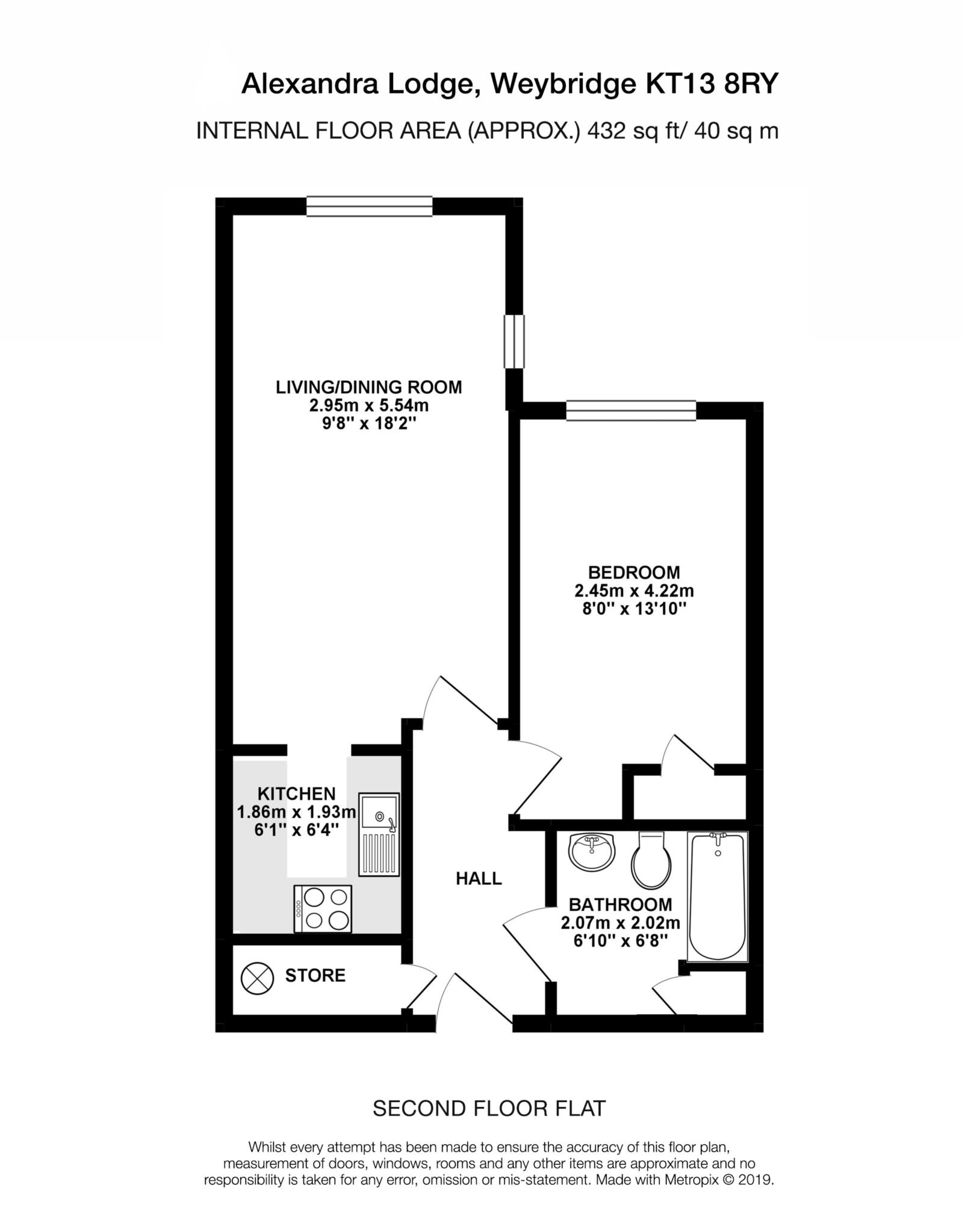 Floorplan - 1 Bedroom Apartment, Alexandra Lodge – Weybridge