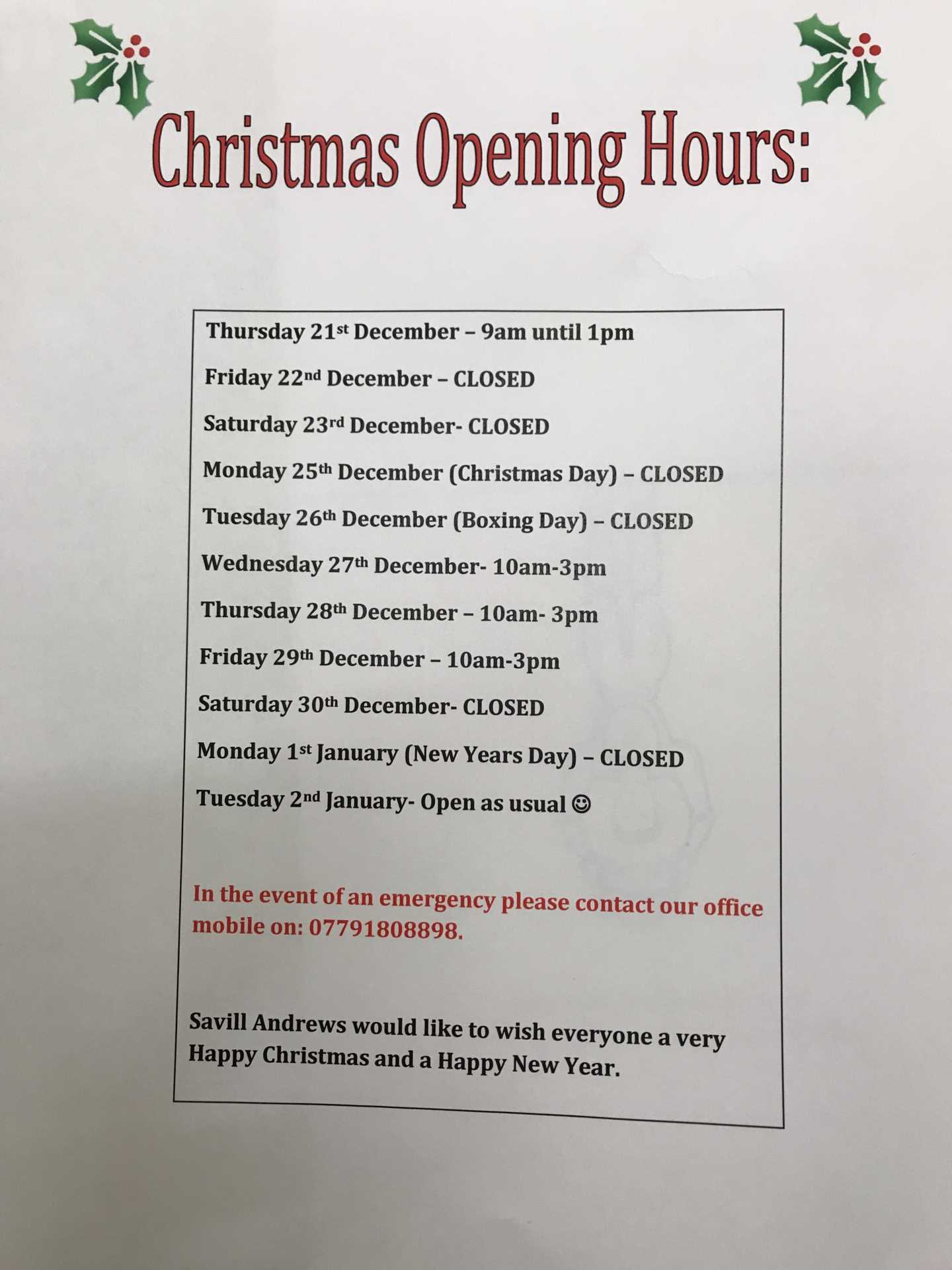 Christmas Opening Hours